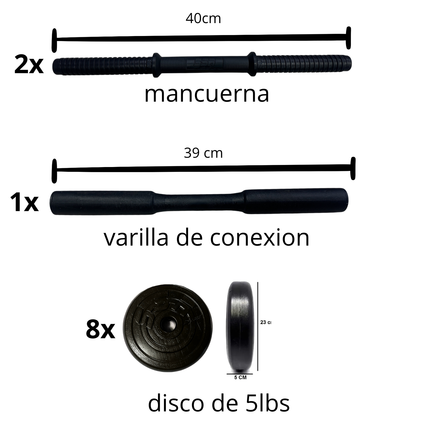Kit de Pesas 2 en 1: Mancuernas + Barra conectable 40lbs