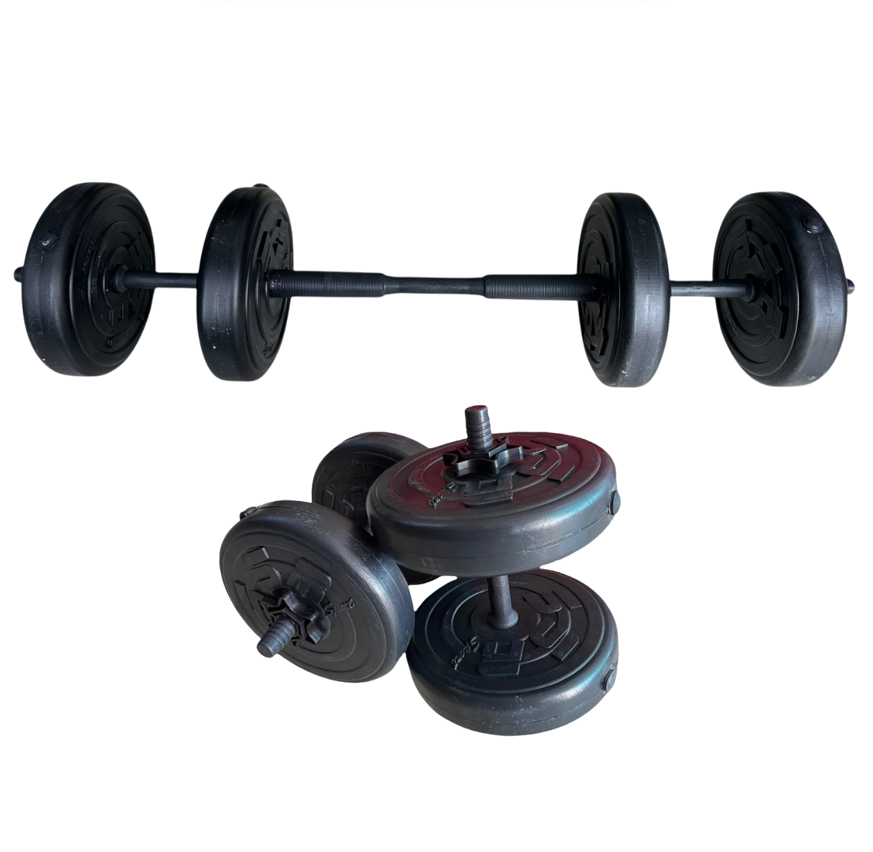 KIT 2 EN 1 – MANCUERNAS + CONEXIÓN PARA BARRA (4 DISCOS DE 10 LBS)