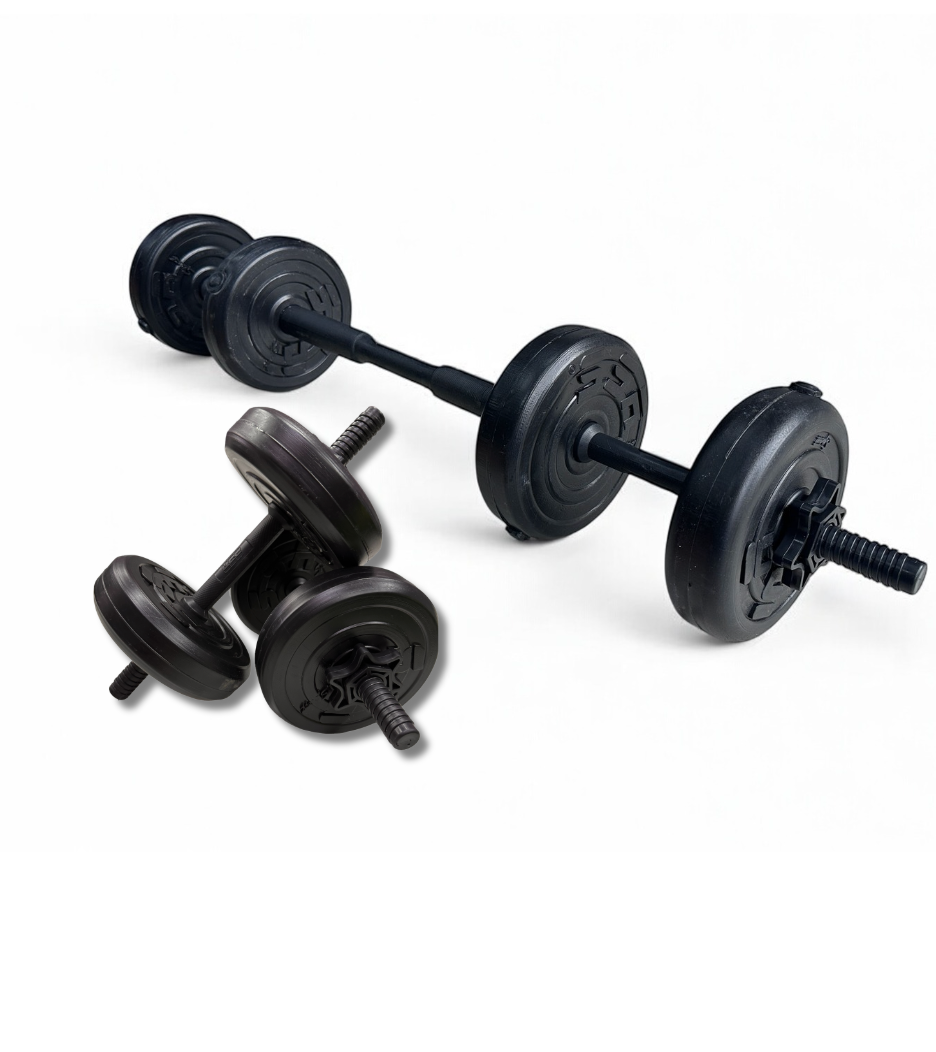 KIT DE PESAS 2 EN 1: MANCUERNAS + BARRA CONECTABLE – 20 LBS