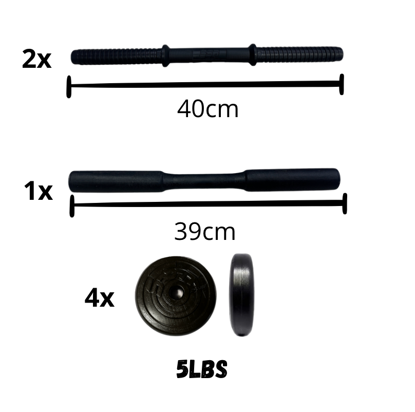 KIT DE PESAS 2 EN 1: MANCUERNAS + BARRA CONECTABLE – 20 LBS