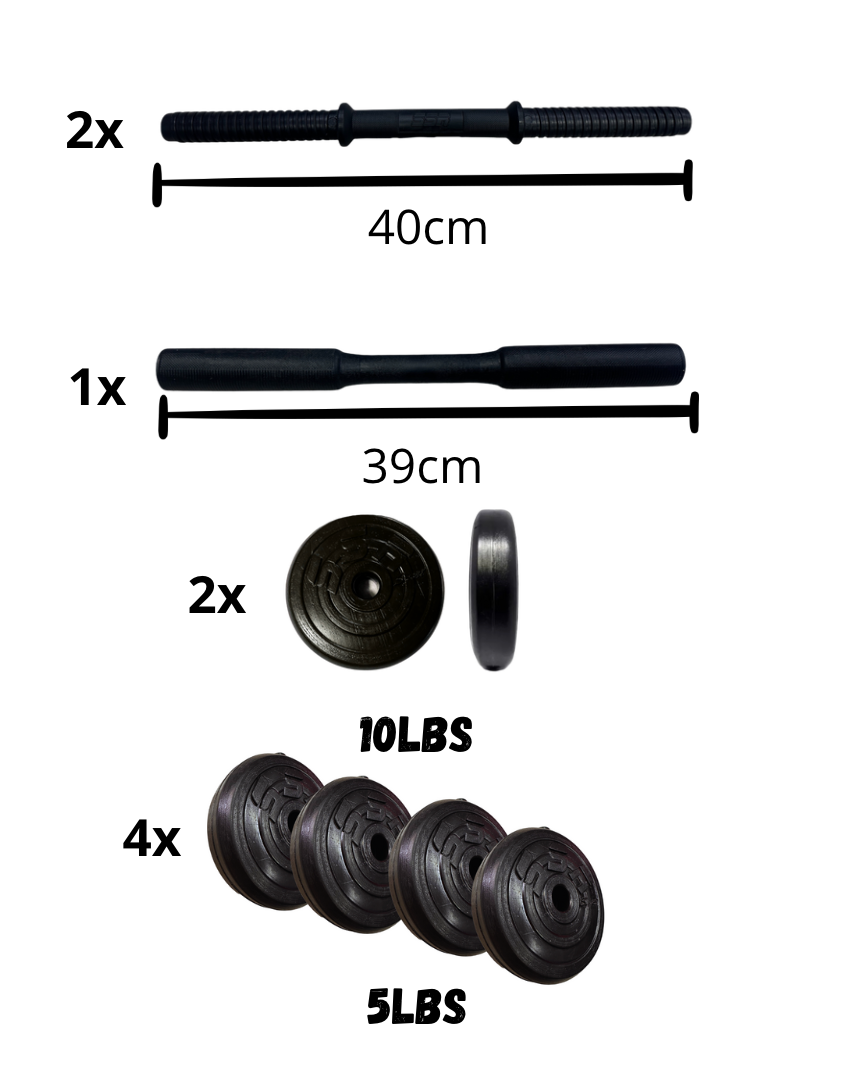 KIT DE PESAS 2 EN 1: MANCUERNAS + BARRA CONECTABLE – 30 LBS