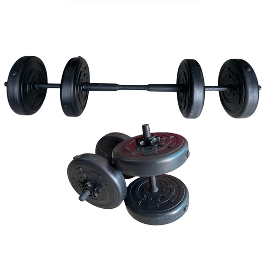 KIT 2 EN 1 – MANCUERNAS + CONEXIÓN PARA BARRA (4 DISCOS DE 10 LBS)