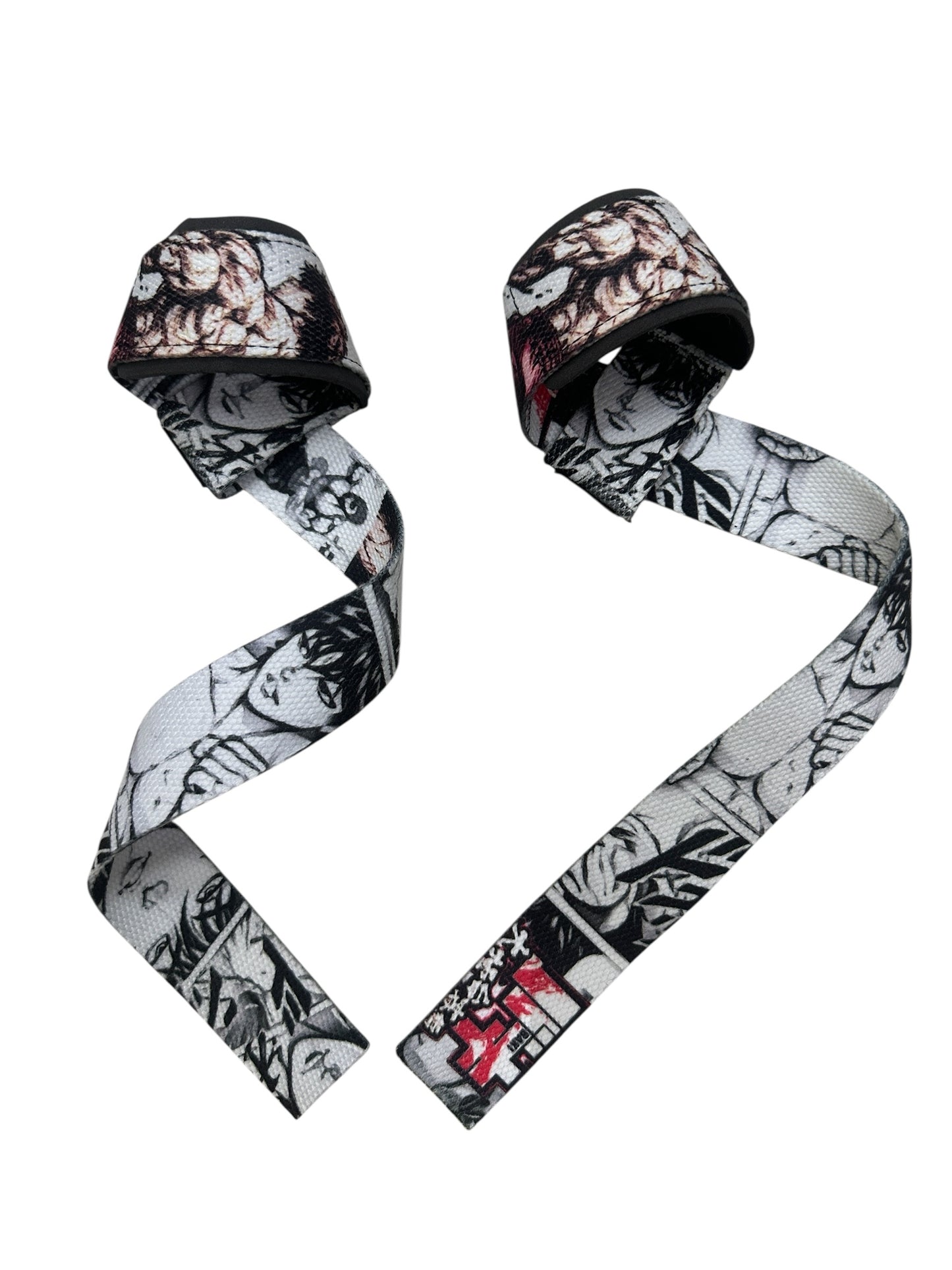 Straps premium con diseño Baki, perfectos para entrenamiento de fuerza y alto rendimiento.