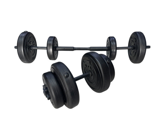 KIT DE PESAS 2 EN 1: MANCUERNAS + BARRA CONECTABLE – 30 LBS