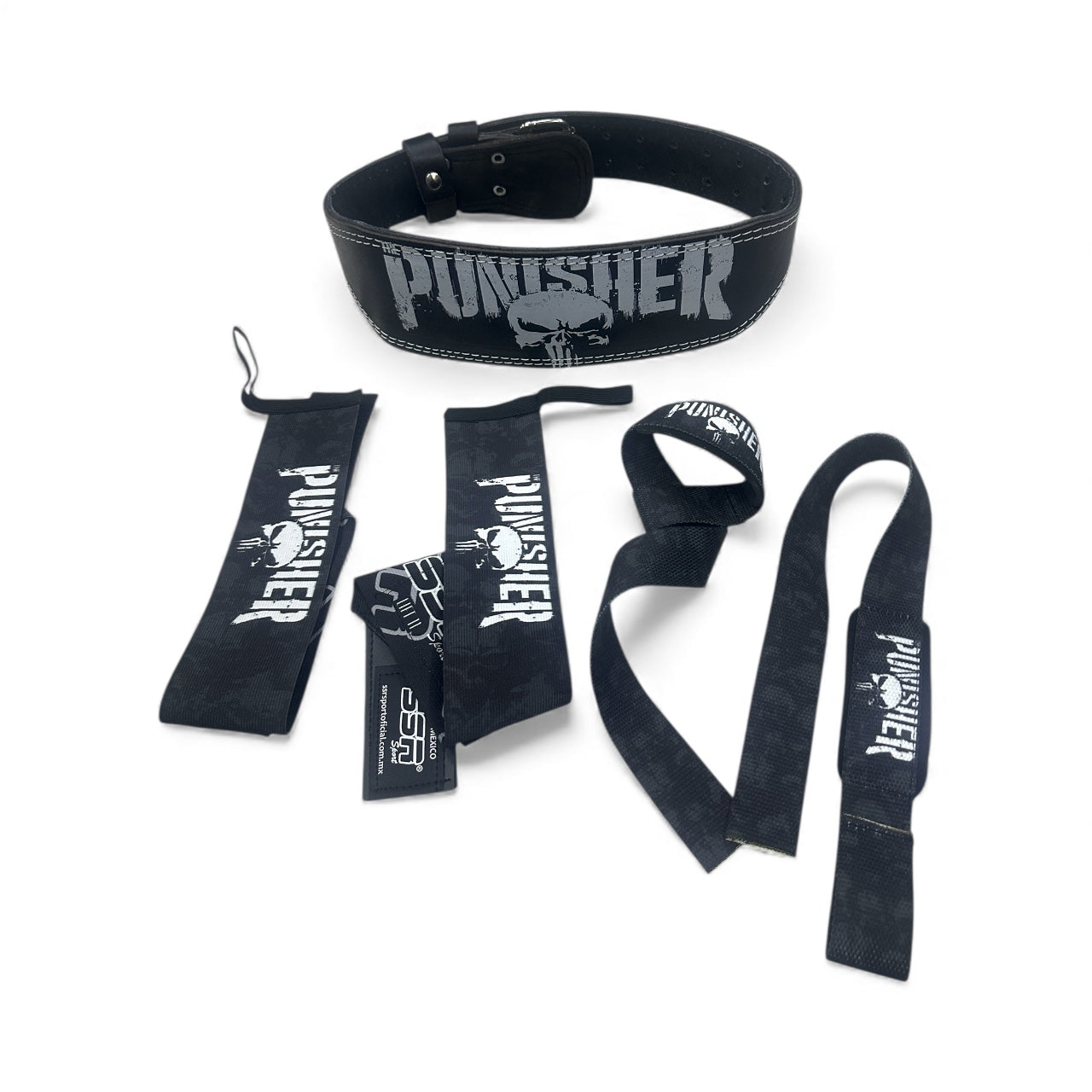 Conjunto Premium Punisher – Cinturón, Straps y Muñequeras Reforzadas