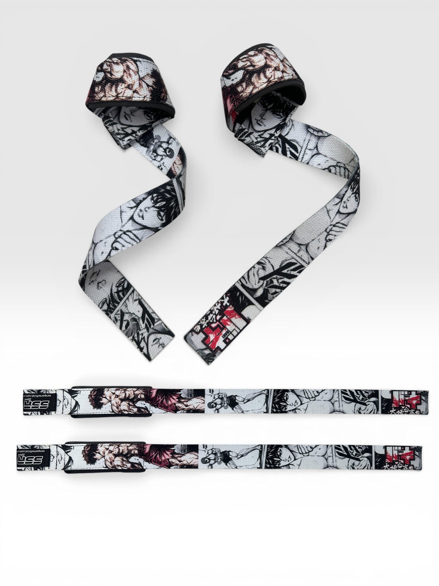 Straps premium con diseño Baki, perfectos para entrenamiento de fuerza y alto rendimiento.
