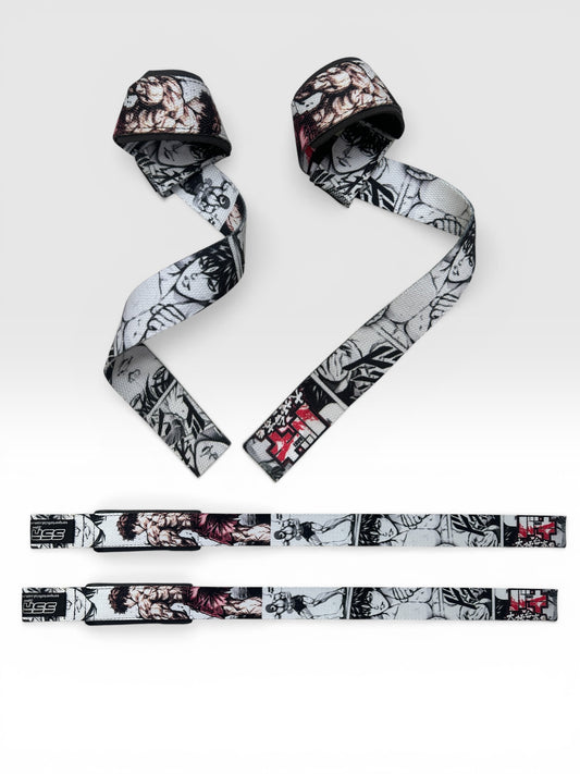 Straps premium con diseño Baki, perfectos para entrenamiento de fuerza y alto rendimiento.
